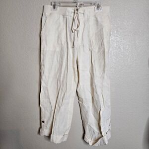 LOFT Cream 100% Linen Drawstring Crop Pants Button Cuff Womens 8